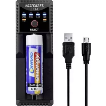 VOLTCRAFT CC1A universalus apvaliųjų elementų įkroviklis NiMH, Li-Ion, LiFePO4, NiCd - 1 lizdas, maitinamas USB, palaiko AA, AAA, C, 10440, 14500, 16340