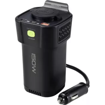 VOLTCRAFT MSW 150-12 Automobilinis keitiklis su puodelio laikiklio dizainu, 150 W modifikuota sinusoidė, 12 V DC į 230 V AC, su USB