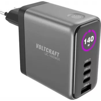 VOLTCRAFT UC-140W01 140W GaN USB-C PD sieninis įkroviklis su 3x USB-C ir 1x USB-A, juodas VC-17776050