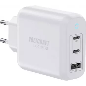VOLTCRAFT UC-70W001 GaN USB sieninis įkroviklis 70W 2x USB-C PD 3.2 + 1x USB-A Fast Charge baltas VC-18791125