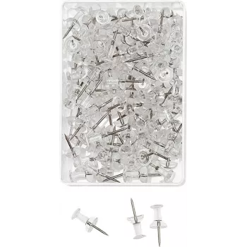 WEDO smeigtukai, permatomi, 100 vnt., 12 mm smeigtuko ilgis, 10 mm galvutės skersmuo, permatomoje plastikinėje dėžutėje (54 249)