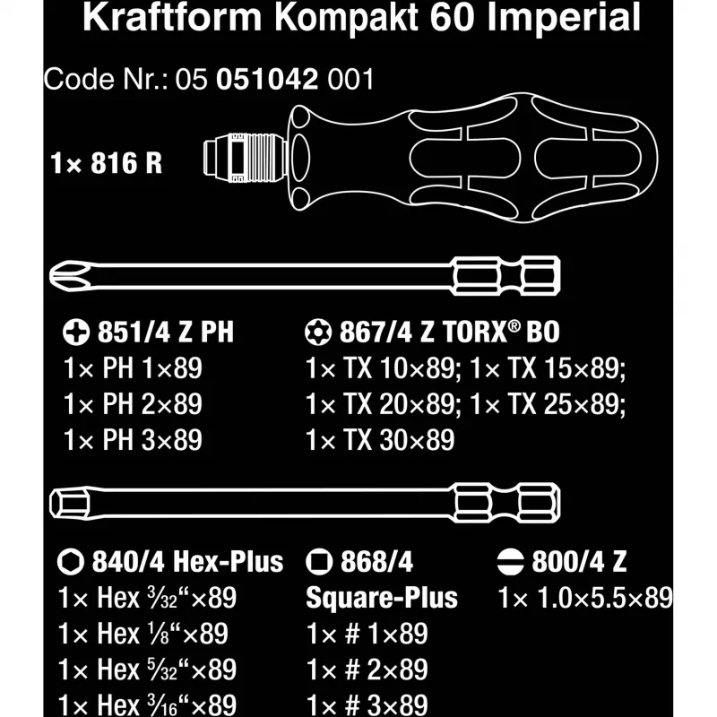 Wera 17 dalių Kraftform Kompakt 60 antgalių rinkinys, plokštieji, Phillips, Pozidriv, TORX BO 05051042001