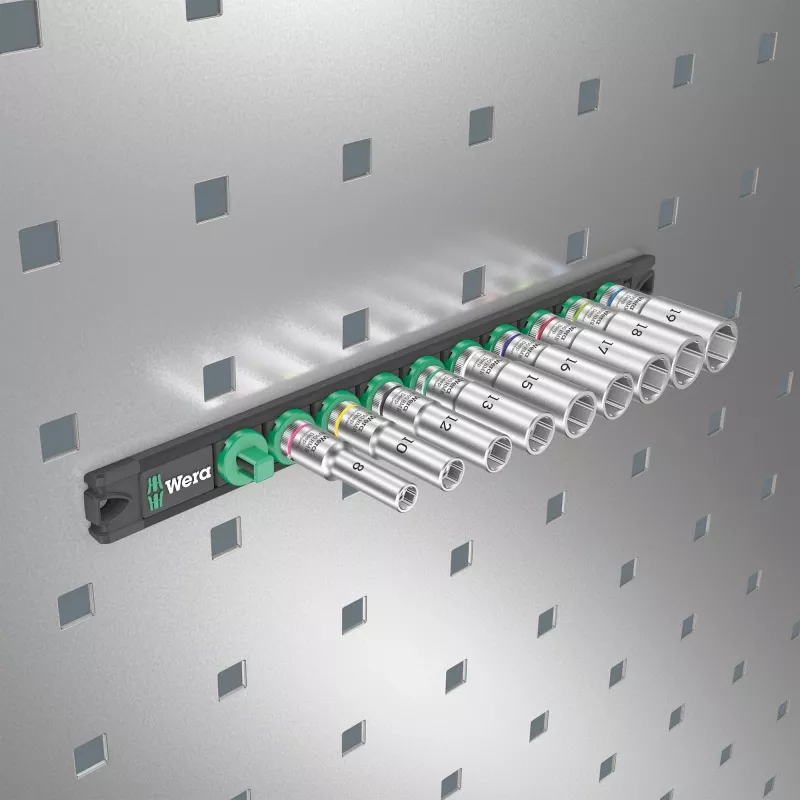 Wera 3/8 inch Deep Socket Set on Magnetic Rail, 9-Piece, Metric, Black/Green