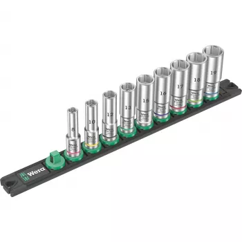 Wera 3/8 inch Deep Socket Set on Magnetic Rail, 9-Piece, Metric, Black/Green