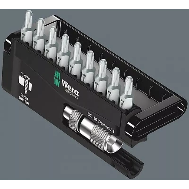 Wera Bit-Check 10 Drywall 1 įrankių rinkinys, 10 dalių, Phillips PH 2, 25 mm, Rapidaptor greito atleidimo laikiklis, gylio ribotuvas, torsiniai antgaliai