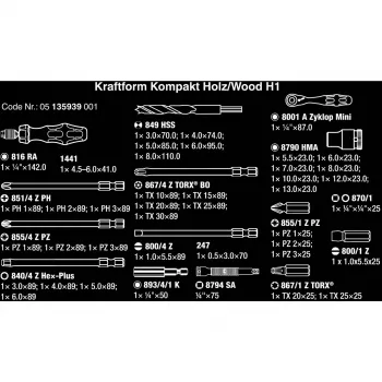 Wera Kraftform Kompakt H 1 Woodcraft rankena su 12 įvairių antgalių – Hex, Phillips, Pozidriv, Torx