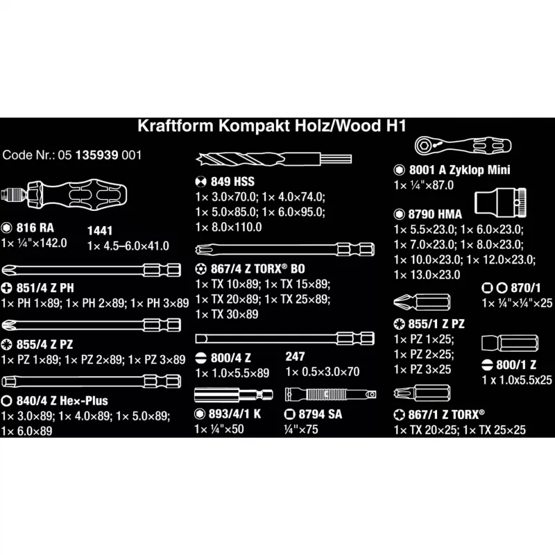 Wera Kraftform Kompakt H 1 Woodcraft rankena su 12 įvairių antgalių – Hex, Phillips, Pozidriv, Torx