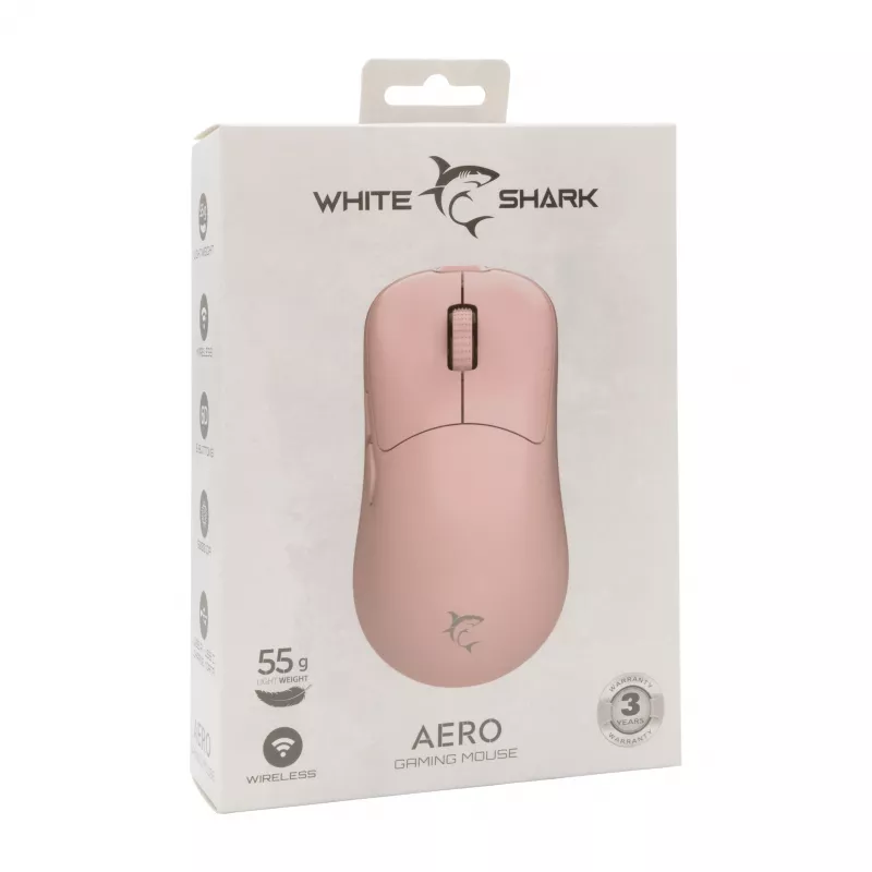 White Shark AERO PINK belaidė žaidimų pelė (rožinė, 10000 DPI, 2.4GHz/USB-C)