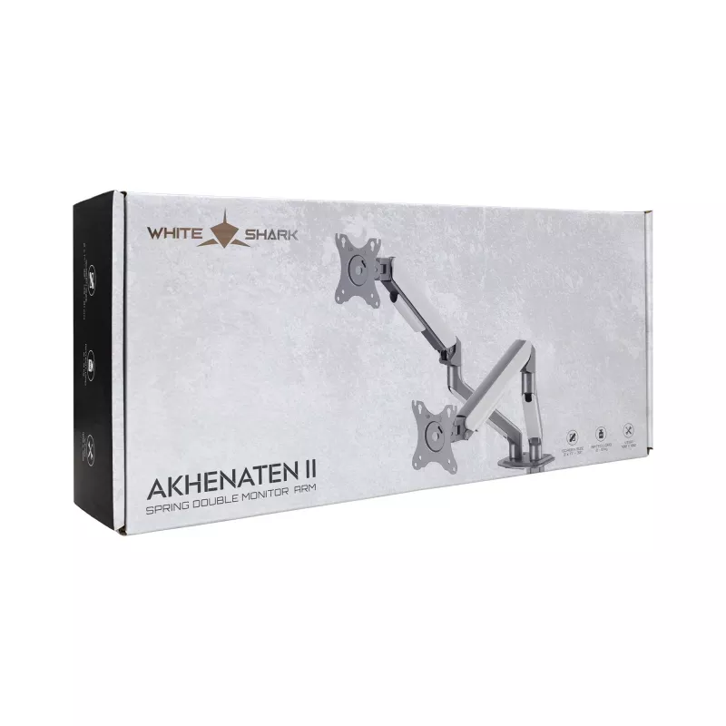White Shark AKHENATEN-II GMS-3212 Dvigubo monitoriaus laikiklis – dujinis spyruoklinis mechanizmas, tvirtinimas prie stalo (spaustuvas/anga), 17–32 colių, 9 kg vienai rankai, juodos spalvos