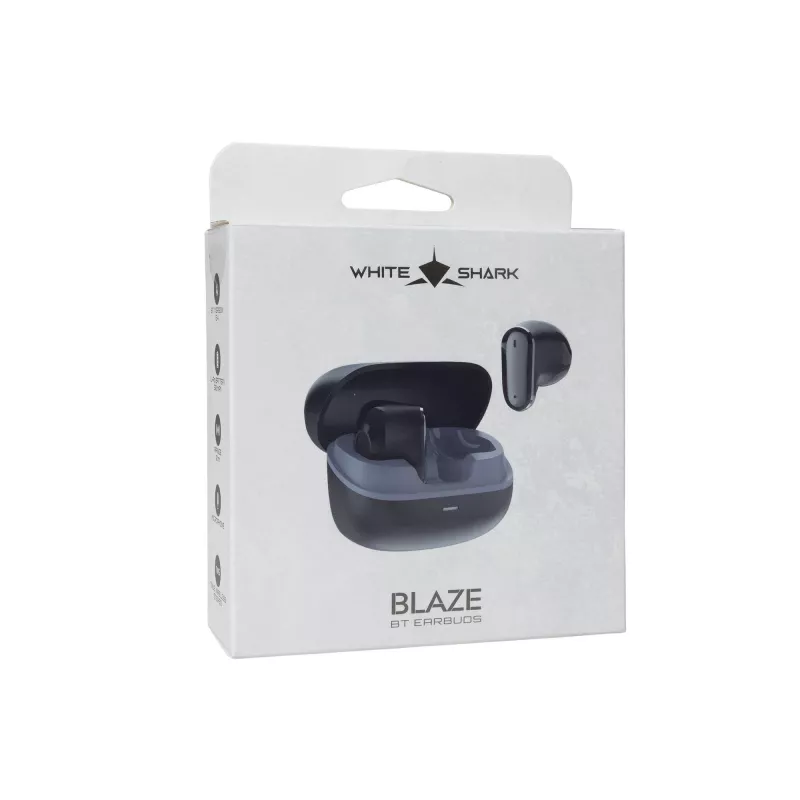 White Shark BLAZE-B GEB-TWS-201 tikrai belaidės Bluetooth 5.1 ausinės su įkrovimo dėklu, IPX4 atsparumu vandeniui, liečiamu valdymu, juodos