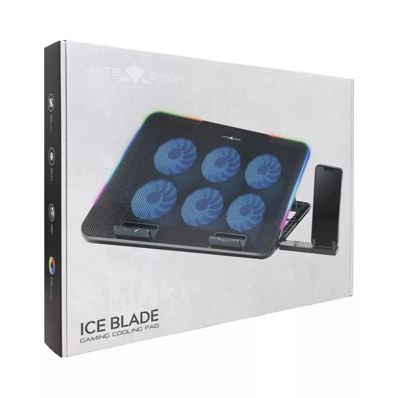 White Shark ICE BLADE GCP-96 dviejų ventiliatorių aušinimo padėklas nešiojamam kompiuteriui su mėlynu LED, iki 17 colių, 5 reguliavimo padėtys