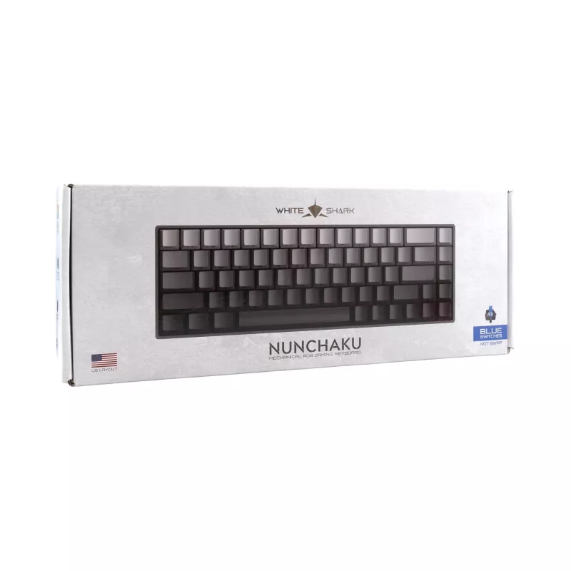 White Shark Nunchaku mechaninė žaidimų klaviatūra TKL, pilka, Outemu Blue jungikliai, RGB hot-swap, laidinė USB