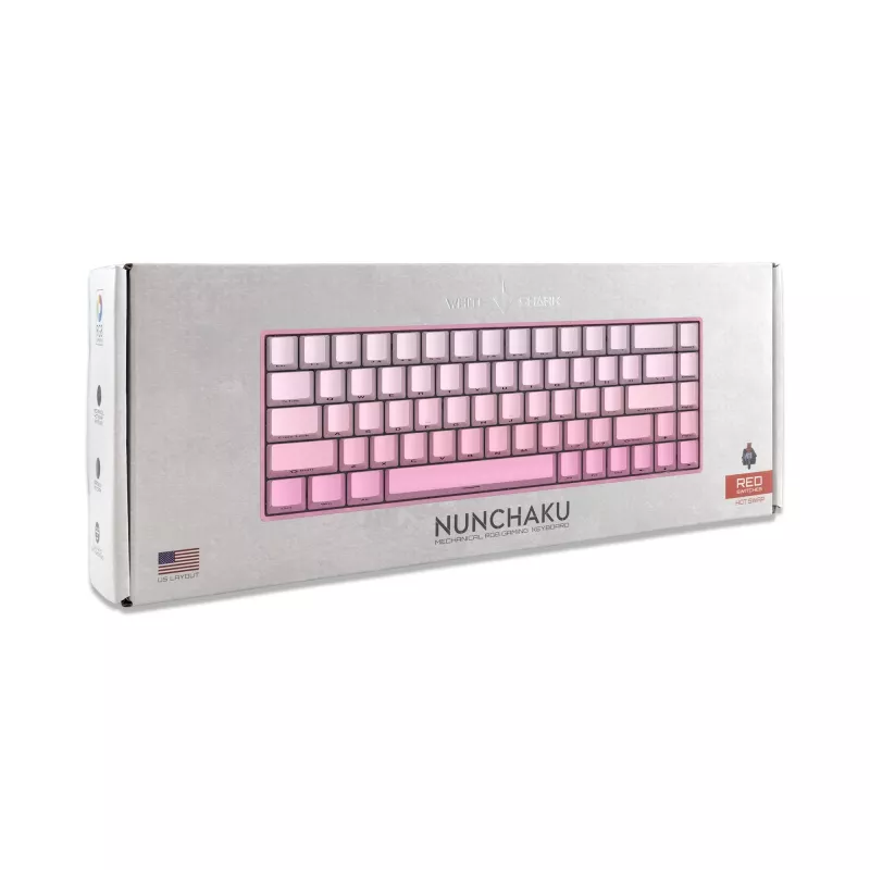 White Shark NUNCHAKU-P-US-RED.SW TKL mechaninė žaidimų klaviatūra – 87 klavišų, Outemu Red jungikliai, RGB apšvietimas, rožinė