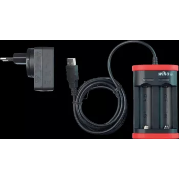 WIHA 41915 USB įkroviklis Li-Ion baterijoms, 2 lizdų, 5V DC įėjimas, 3.6V DC išėjimas, 1A vienam lizdui, LED indikatorius, juodas/raudonas