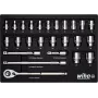Wiha 44740 1/2 colio lizdų rinkinys, 39 dalių, su smulkiaja reketu, šešiabriauniais ir TORX E profilio lizdais, chromo-vanadžio plieno, 10-32mm / E10-E24, DIN 3120