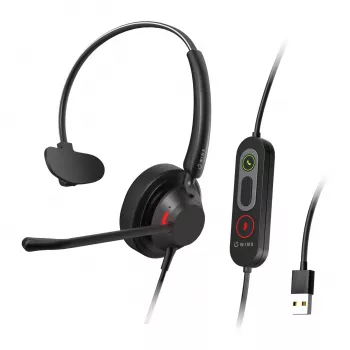 WINX CALL Pro 2 Mono AI triukšmą slopinanti ausinė su USB-A laidu, sukamu mikrofonu, valdymo mygtukais, minkštu PU odos ausų pagalvėlėmis, juoda