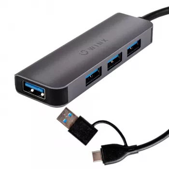 WINX CONNECT Simple USB/Type-C šakotuvas, 3x USB-A 5Gbps + USB-C PD 100W, kosminė pilka