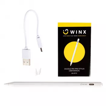 WINX DOODLE Pro iPad rašiklis - baltas aktyvus rašiklis su delno atmetimu, pasvirimo jutikliu, magnetiniu tvirtinimu, USB-C įkrovimu, atsarginiu antgaliu