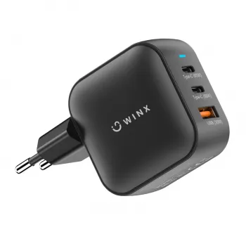 WINX POWER Max 65W GaN sieninis įkroviklis - 2x USB-C PD, 1x USB-A QC, juodas