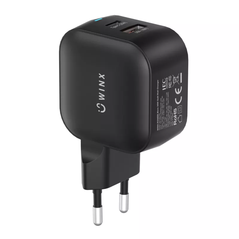 WINX POWER More 35W GaN sieninis įkroviklis - Dual USB-C ir USB-A, PD 3.0 PPS, baltas