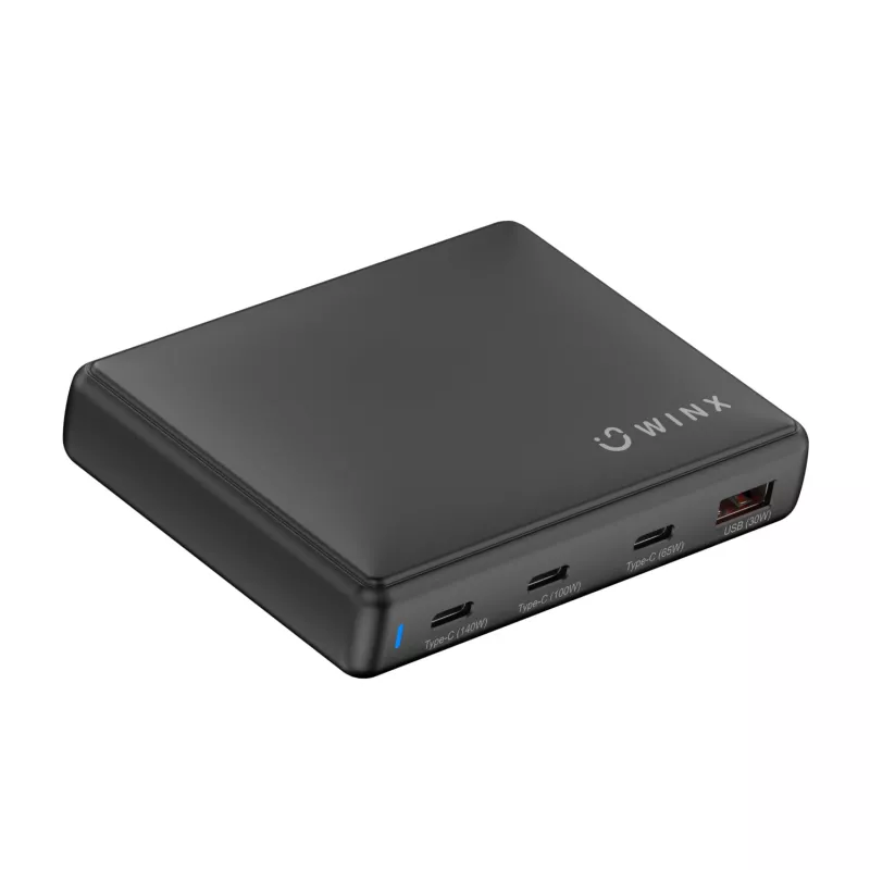 WINX POWER Ultra 140W GaN stalinis įkroviklis - 2x USB-C PD 100W + USB-A QC 22.5W, juodas
