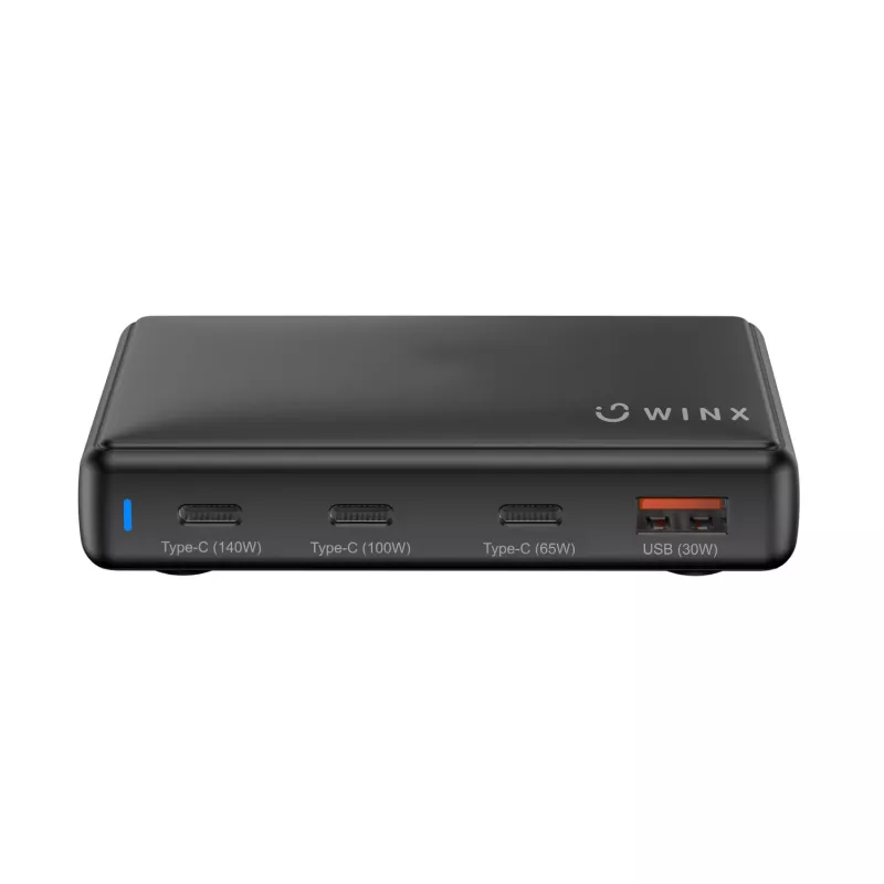 WINX POWER Ultra 140W GaN stalinis įkroviklis - 2x USB-C PD 100W + USB-A QC 22.5W, juodas