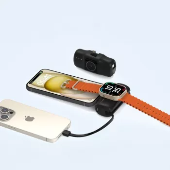 Wozinsky WF16-YLS Mini Power Bank 5000mAh 15W su įmontuotu USB-C laidu ir Apple Watch įkrovikliu – juoda