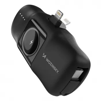 Wozinsky WF16-YLS Mini Power Bank 5000mAh 15W su įmontuotu USB-C laidu ir Apple Watch įkrovikliu – juoda