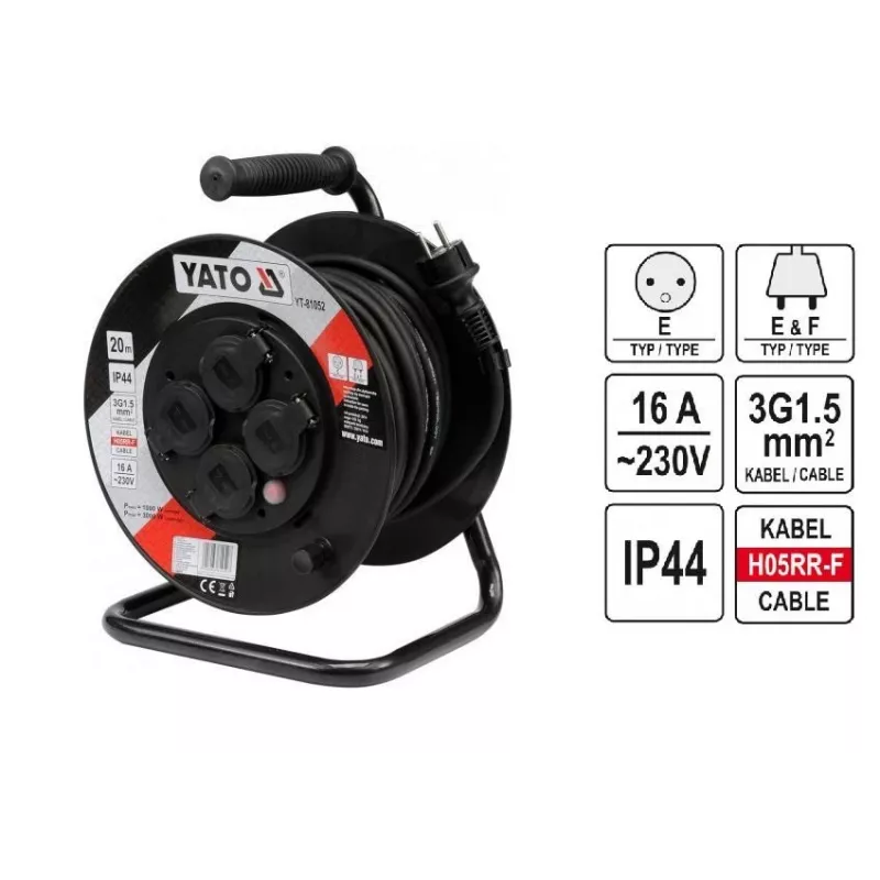Yato YT-81052 Įvyniojamas ilgintuvas, 4 kištukiniai lizdai, 20 m