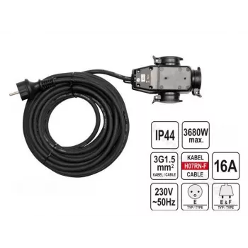 Yato YT-81162 ilginamasis laidas 20 m, 3 AC lizdai, vidaus/lauko, juodas