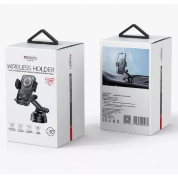YESIDO 15W belaidis automobilinis laikiklis su siurbtuku, juodas