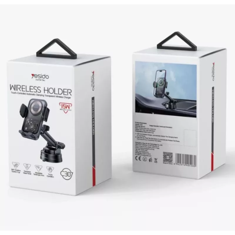 YESIDO 15W belaidis automobilinis laikiklis su siurbtuku, juodas