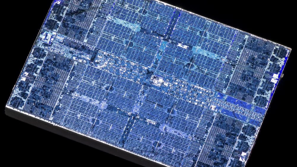 Processor die photographed under light